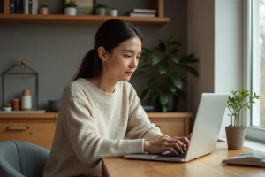 Femme assise à une table compare des annonces immobilières