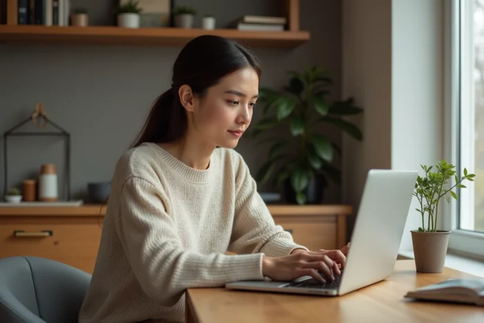 Femme assise à une table compare des annonces immobilières