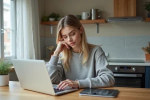 Jeune femme comparant ses appareils numériques à la maison