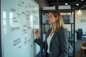 Femme en tenue professionnelle devant un tableau blanc