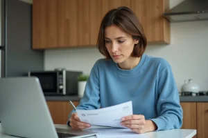 Femme en cuisine vérifiant sa fiche de paie et remplissant un formulaire