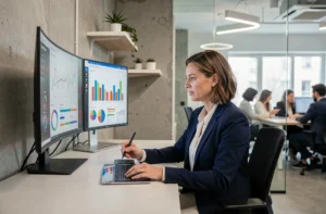 Femme professionnelle analysant des tableaux de bord numériques dans un bureau moderne pour optimiser la croissance de son entreprise en 2024