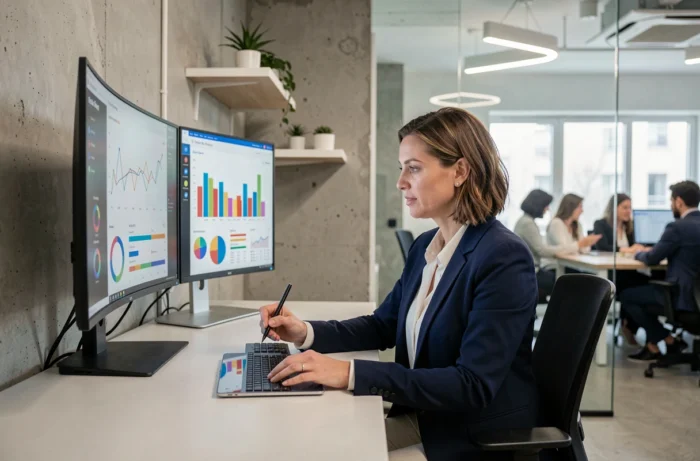 Femme professionnelle analysant des tableaux de bord numériques dans un bureau moderne pour optimiser la croissance de son entreprise en 2024