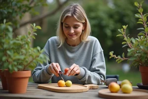 Femme préparant une mirabelle dans son jardin