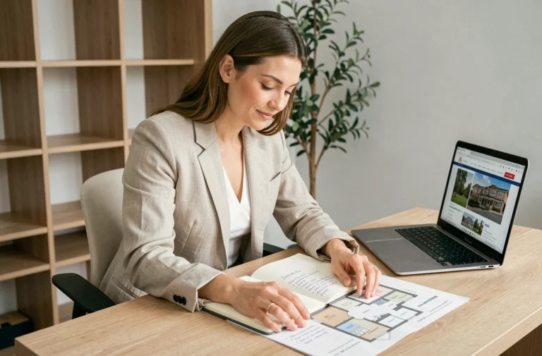 Femme consultant des annonces immobilières et des plans d'appartement à son bureau pour réussir sa recherche de location
