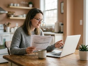 Femme consultant ses documents financiers à la table de cuisine pour regrouper ses crédits