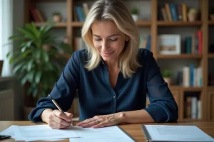 Femme en blouse navy remplissant des formulaires à la maison