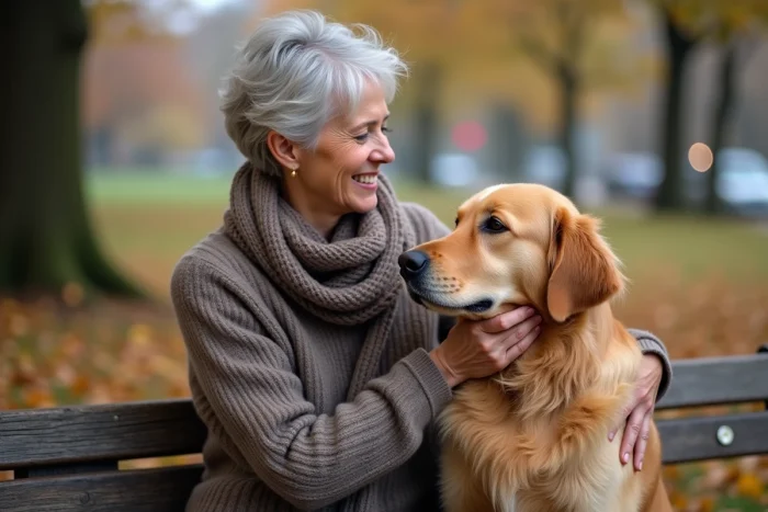 Femme et chien retriever en automne sur un banc