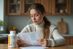 Femme lisant une bouteille de supplement dans sa cuisine