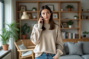 Femme en salon avec smartphone expression intriguée