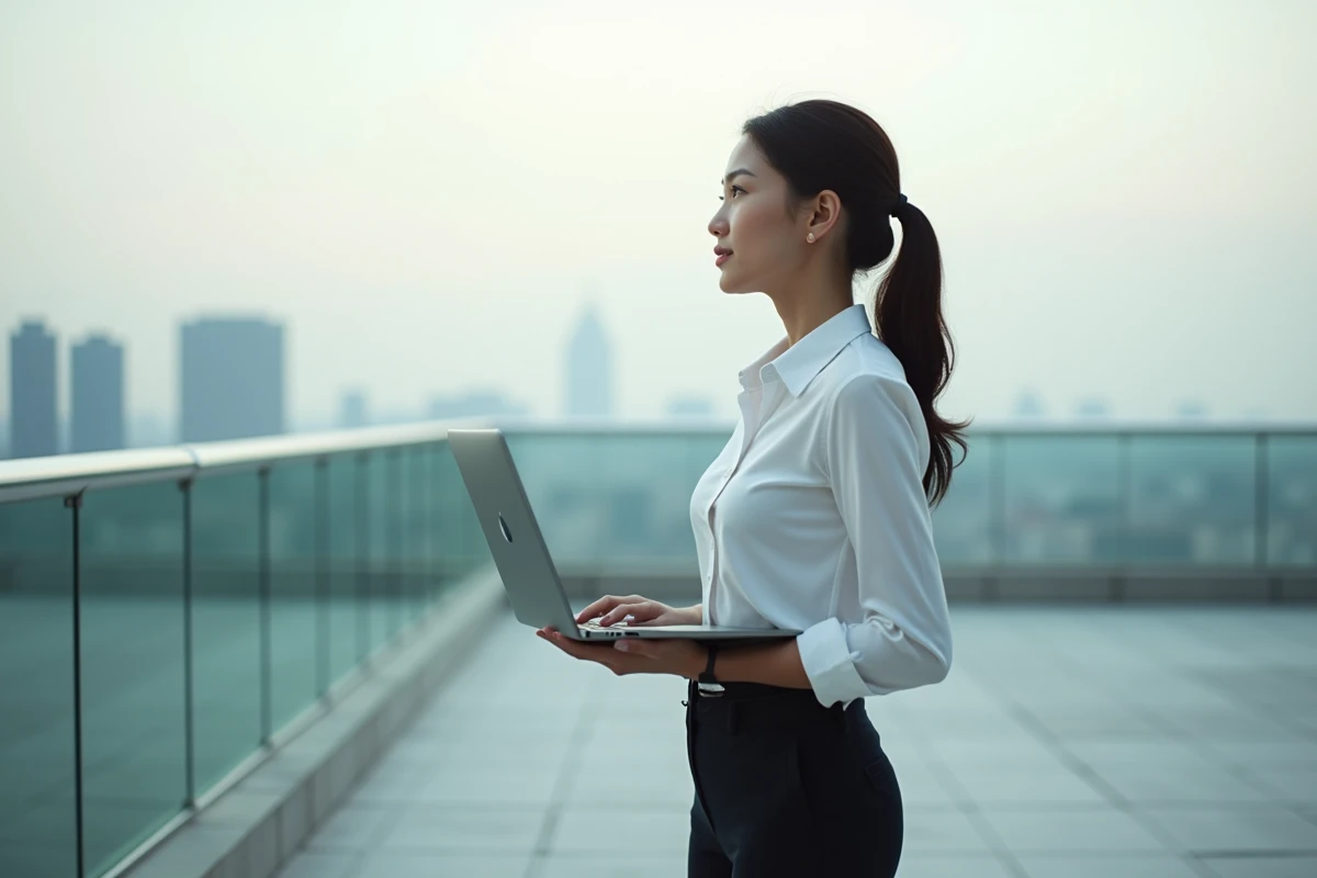 Jeune femme sur un toit urbain regardant l