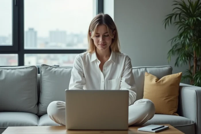 Femme frustrée regardant un téléchargement bloqué sur son ordinateur portable, symbolisant les dysfonctionnements d'eMule