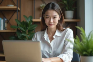 Jeune femme au bureau consulte des offres d'emploi