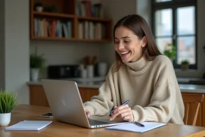 Femme souriante travaillant à domicile avec ordinateur et carnet