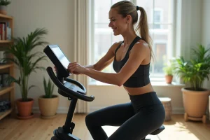 Femme sportive sur vélo d'appartement à la maison