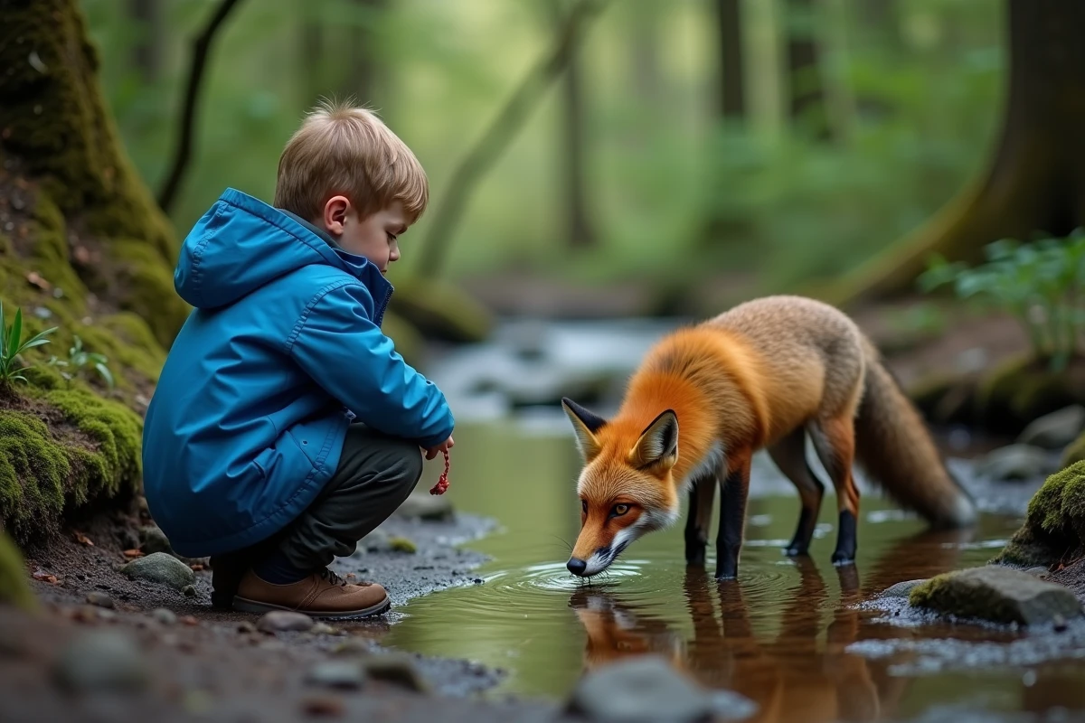 Jeune garçon et renard dans la forêt humide