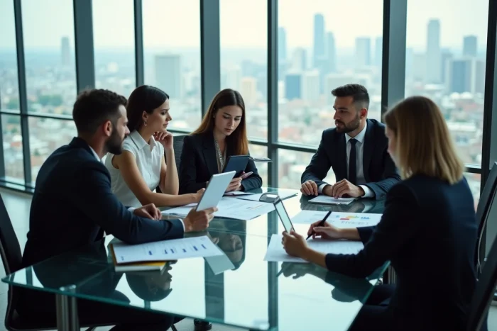 Groupe de professionnels en réunion dans un bureau moderne