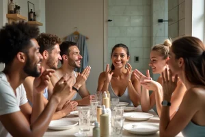 Groupe diversifié partageant des soins du visage dans une salle de bain