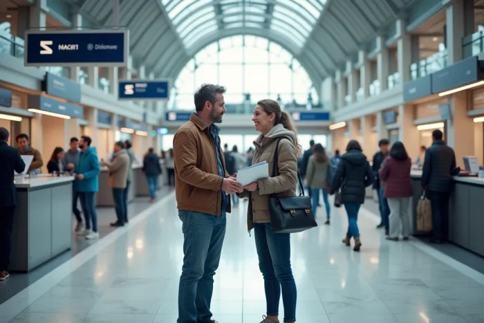 Couple s'adressant à un agent SNCF au guichet d'une gare pour renseignements sur les tarifs familiaux