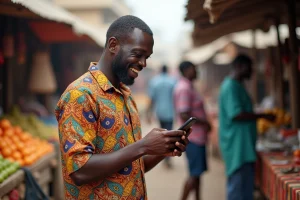 Homme africain souriant avec smartphone dans marché animé