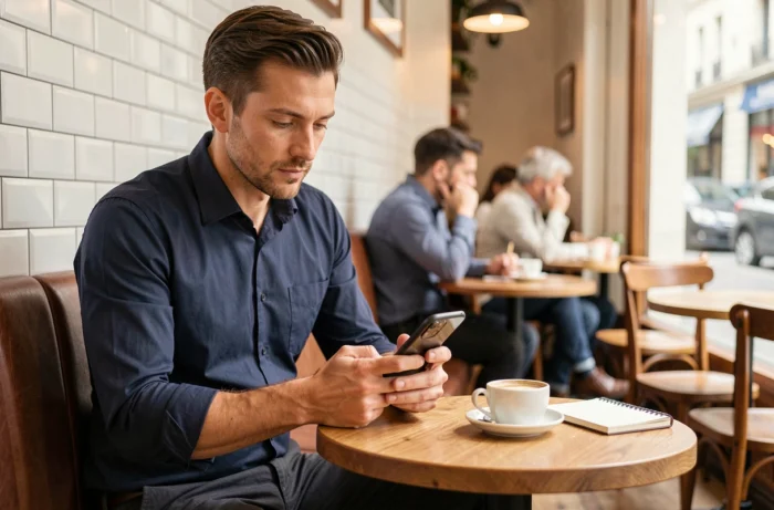 Mann nutzt eine mobile Anwendung zur Immobiliensuche in einem Pariser Café
