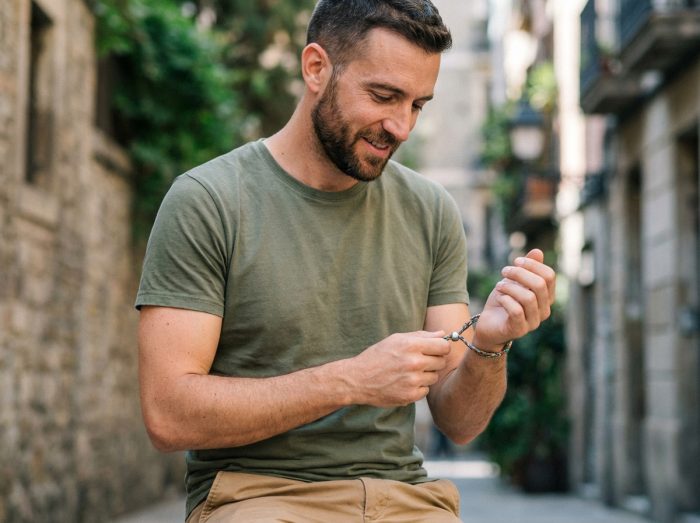 Homme en t-shirt vert ajustant un bracelet dans un décor urbain