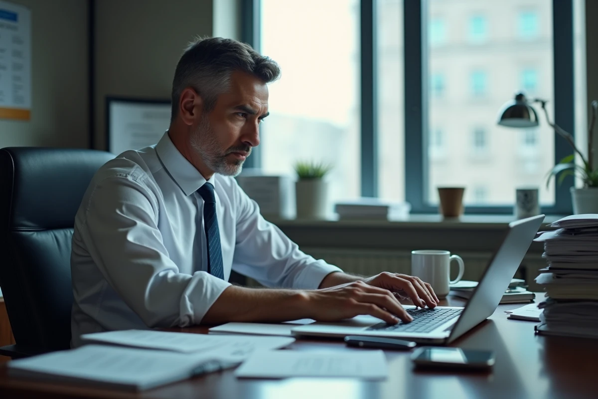 Homme d affaires au bureau cherchant un numéro