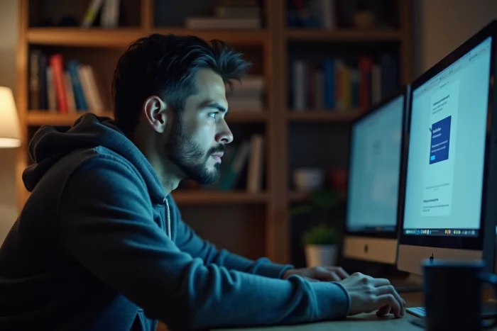 Homme à son bureau consultant un message d'erreur sur son ordinateur de bureau, illustrant un problème de connexion avec eMule