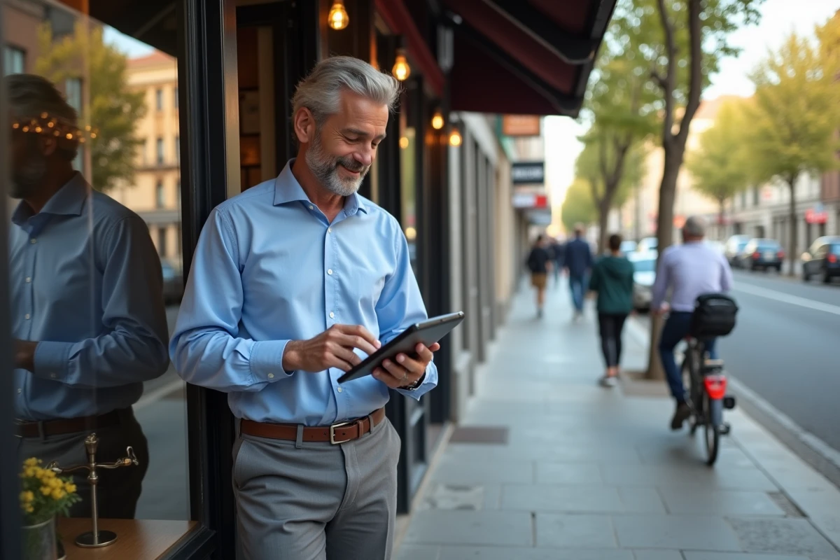 Homme d affaires vérifiant ses chiffres devant un café en ville