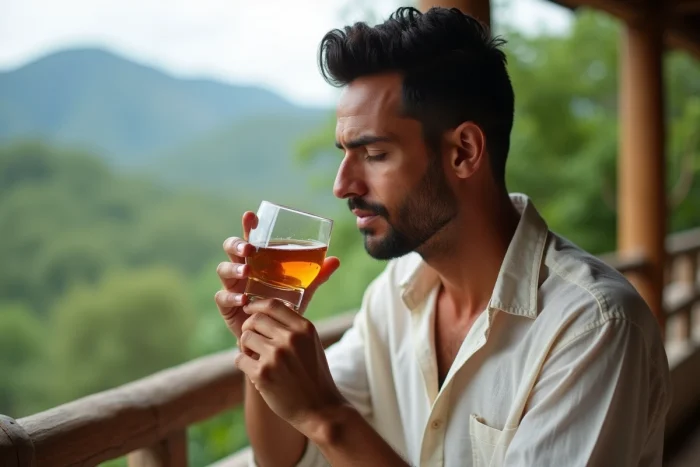 Homme colombien dégustant un verre d'aguardiente sur une terrasse avec vue sur les montagnes