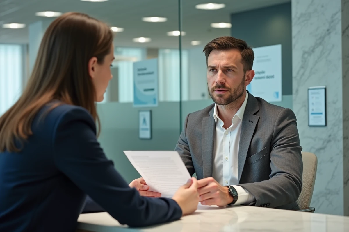 Homme en costume discutant avec une receptionniste au bureau