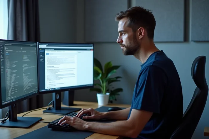 Homme debout devant deux écrans recherchant des solutions pour réparer le fonctionnement d'eMule