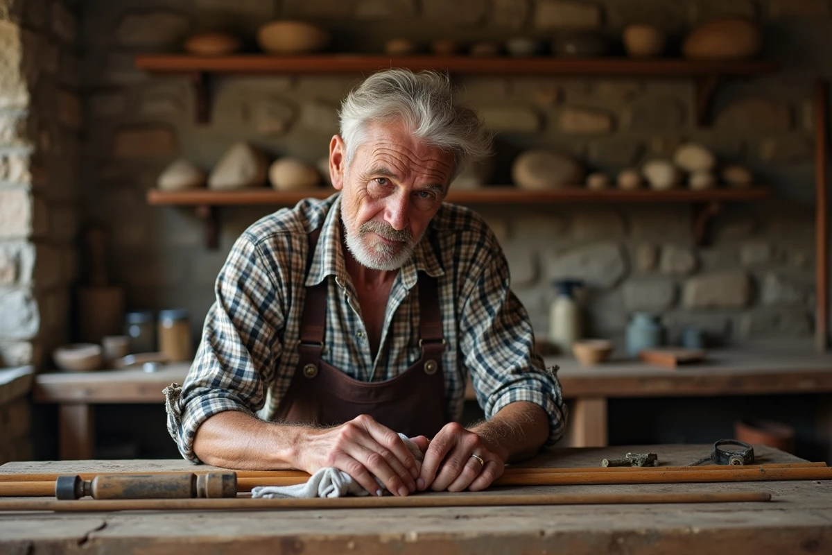 Homme âgé nettoyant ses baguettes de sourcier dans un atelier