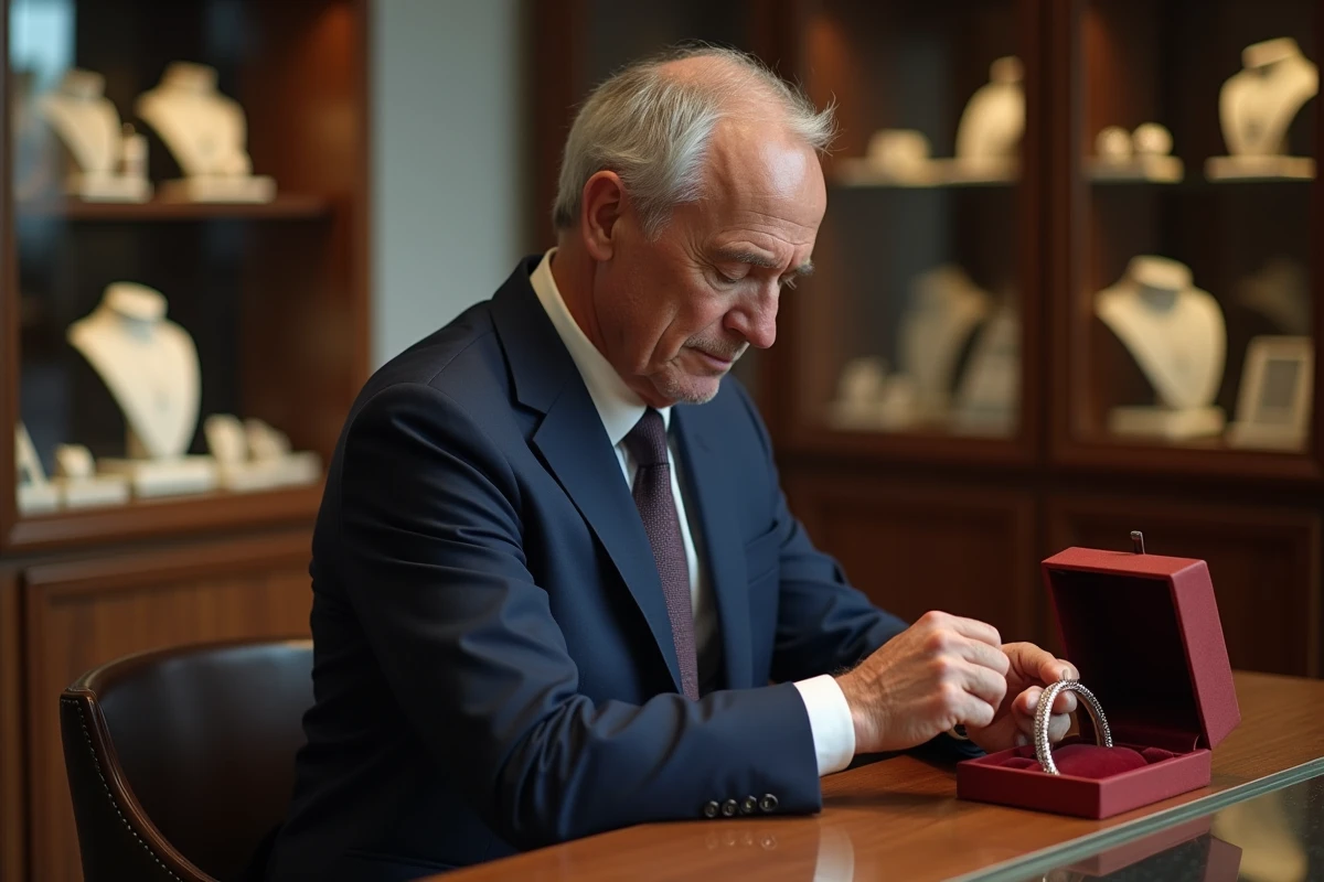 Homme en costume choisissant un bracelet dans une boutique