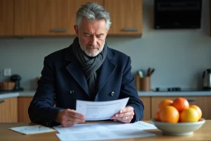 Homme d'âge moyen examinant un document de voiture belge