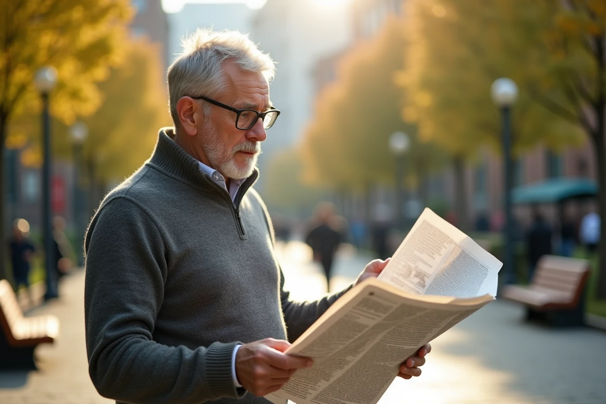 Homme d age lisant un journal dans un parc ensoleille