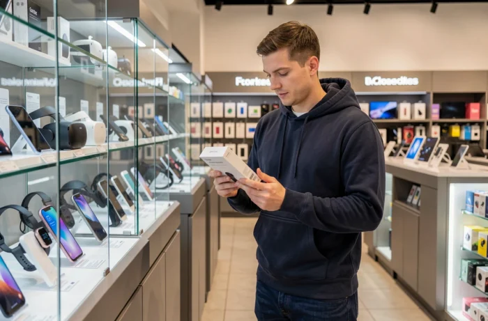 Young man discovering high-tech and trendy gadgets in a modern electronics store
