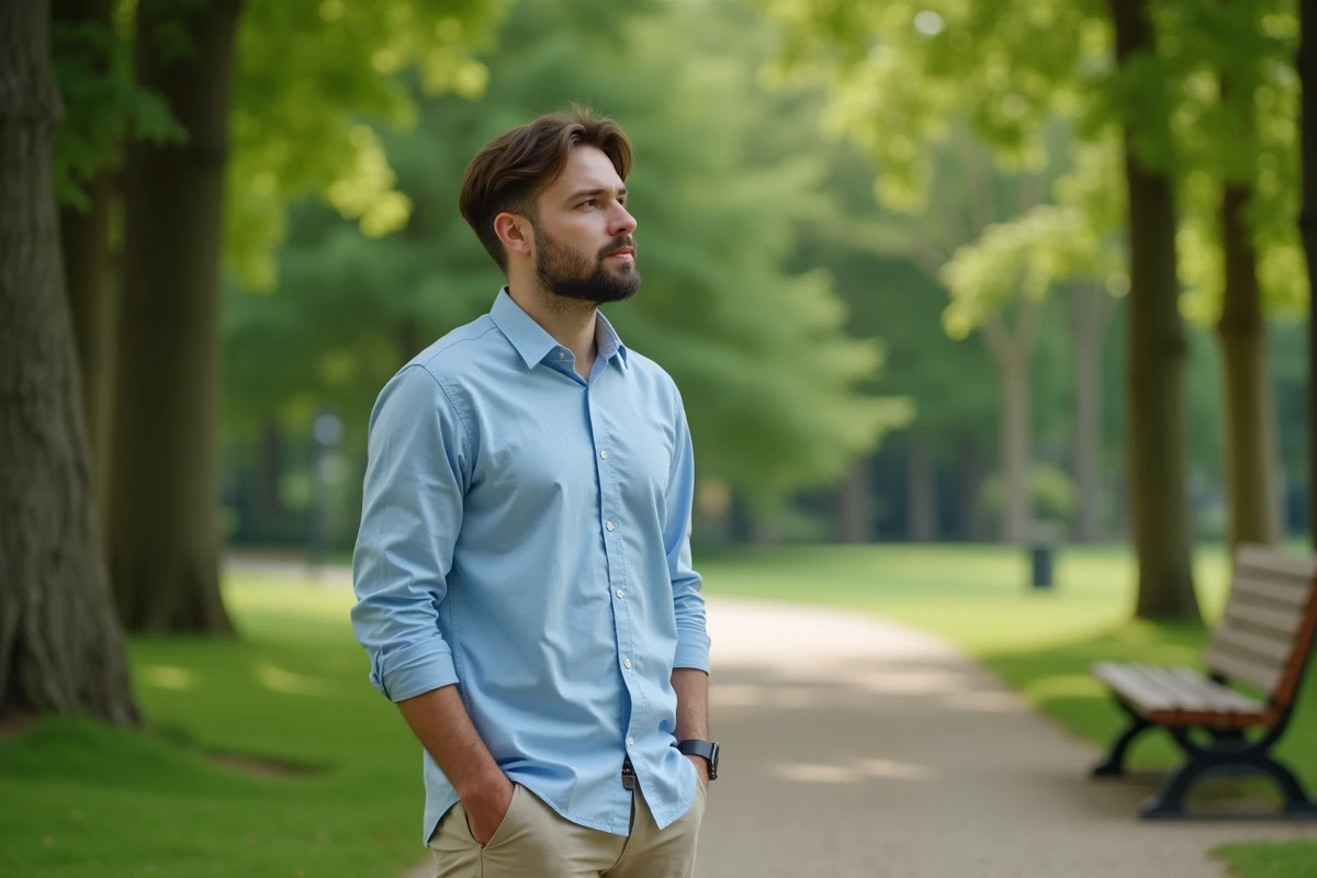 Homme pensif dans un parc verdoyant