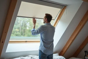 Homme en casual retire un volet Velux dans une chambre moderne