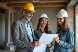 Homme d'âge moyen souriant avec couple sur chantier rénovation