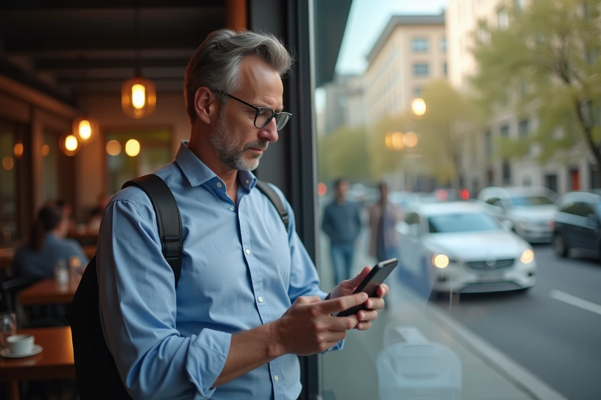Homme regardant son smartphone devant un café en ville