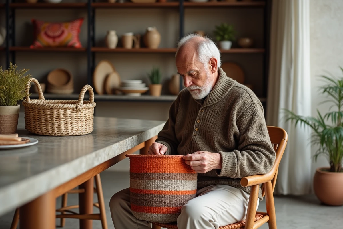 Homme âgé tissant un panier en tissu coloré dans une salle à manger moderne