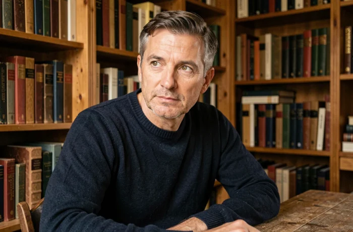 Portrait of a man with hazel eyes indoors in a rustic library, with a thoughtful and deep gaze evoking spirituality and inner reflection