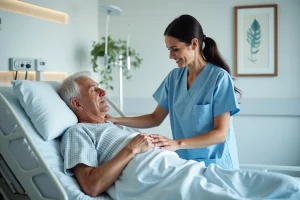 Infirmière en scrubs bleu repositionne un patient âgé