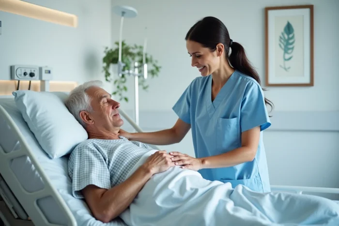 Infirmière en scrubs bleu repositionne un patient âgé