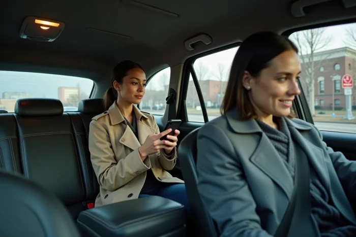 Passagère en trench coat beige assise à l'arrière d'un taxi avec intérieur en cuir gris et équipements professionnels