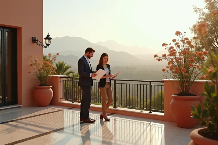 Couple d'investisseurs étudiant des documents immobiliers sur la terrasse d'une villa à Amelkis avec vue sur les montagnes de l'Atlas