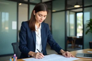 Jeune femme professionnelle marque calendrier au bureau