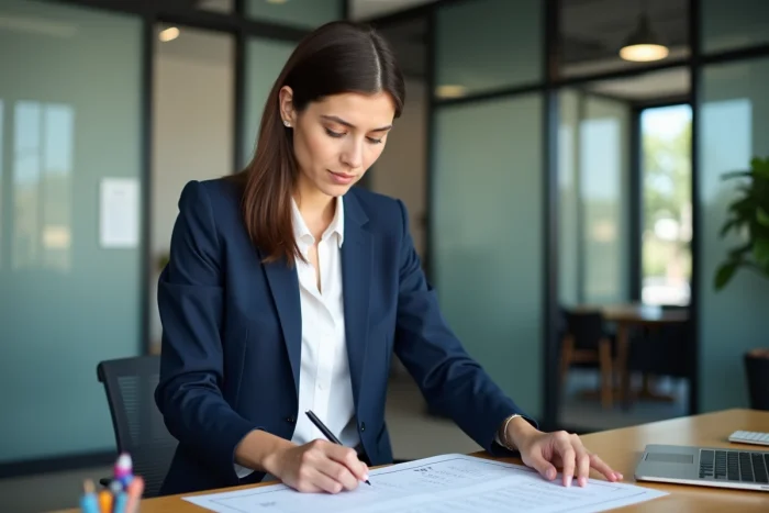 Jeune femme professionnelle marque calendrier au bureau