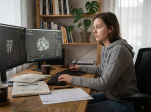 Jeune femme en hoodie dans un bureau créatif moderne